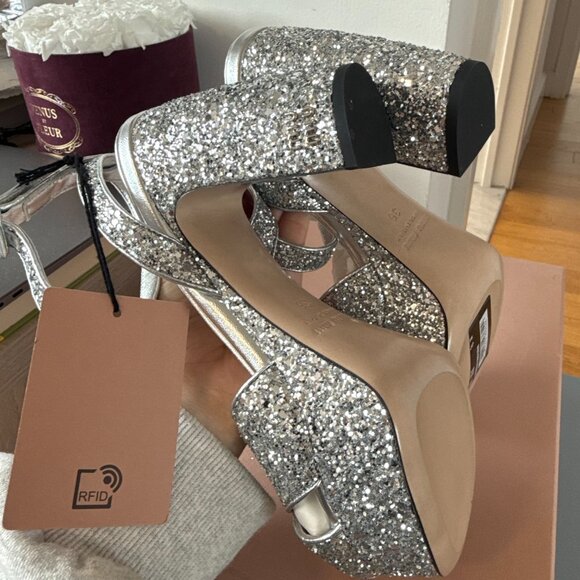 NWT Miu Miu Platform Ankle Strap Sandals Silver Glitter Crisscross Straps Sz 36 - Picture 11 of 11